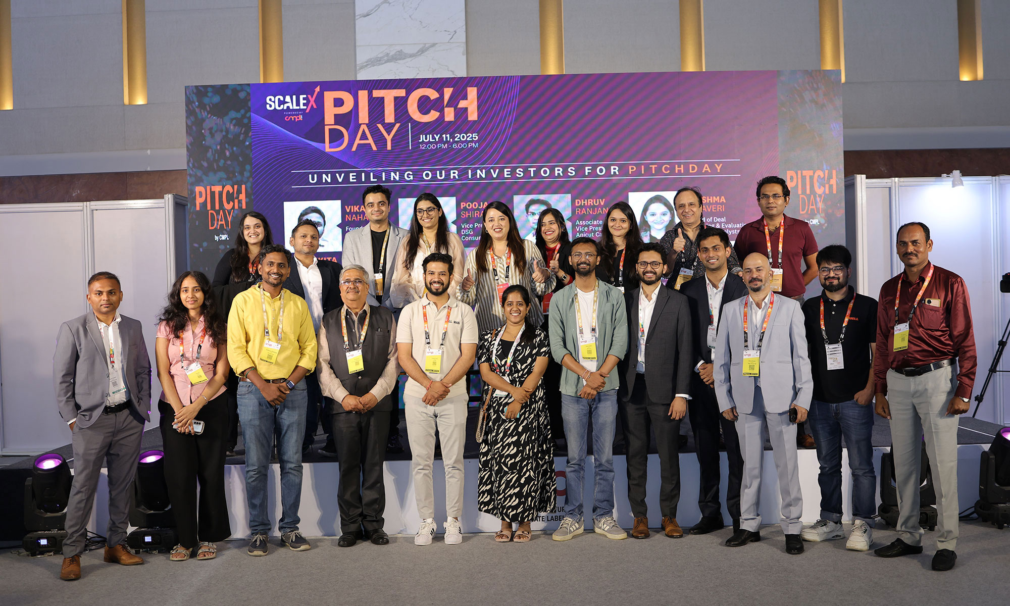 CMPL Pitch Day group photo - startup founders and investors at Jio World Convention Centre